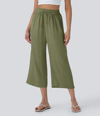 High Waisted Drawstring Wide Leg Cropped Casual Linen-Feel Pants with Pockets