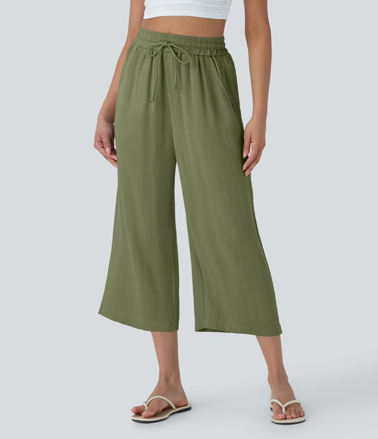 High Waisted Drawstring Wide Leg Cropped Casual Linen-Feel Pants with Side Pockets