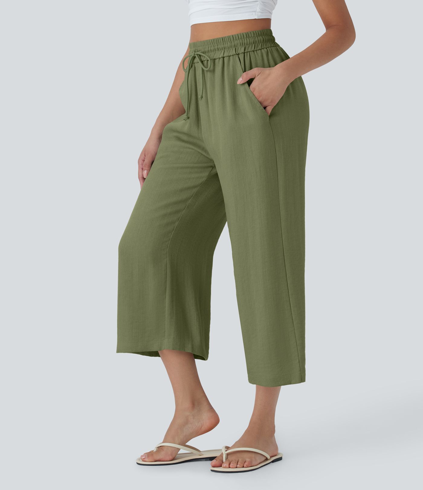 High Waisted Drawstring Wide Leg Cropped Casual Linen-Feel Pants with Pockets
