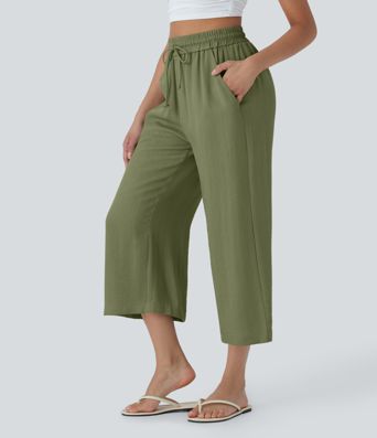 High Waisted Drawstring Wide Leg Cropped Casual Linen-Feel Pants with Pockets