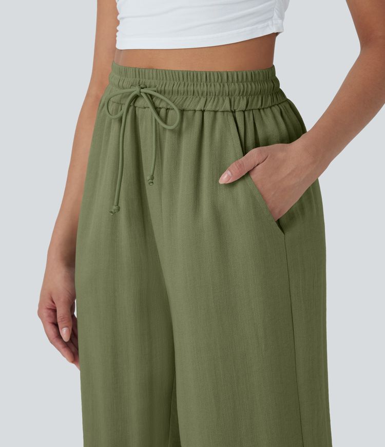 High Waisted Drawstring Wide Leg Cropped Casual Linen-Feel Pants with Pockets