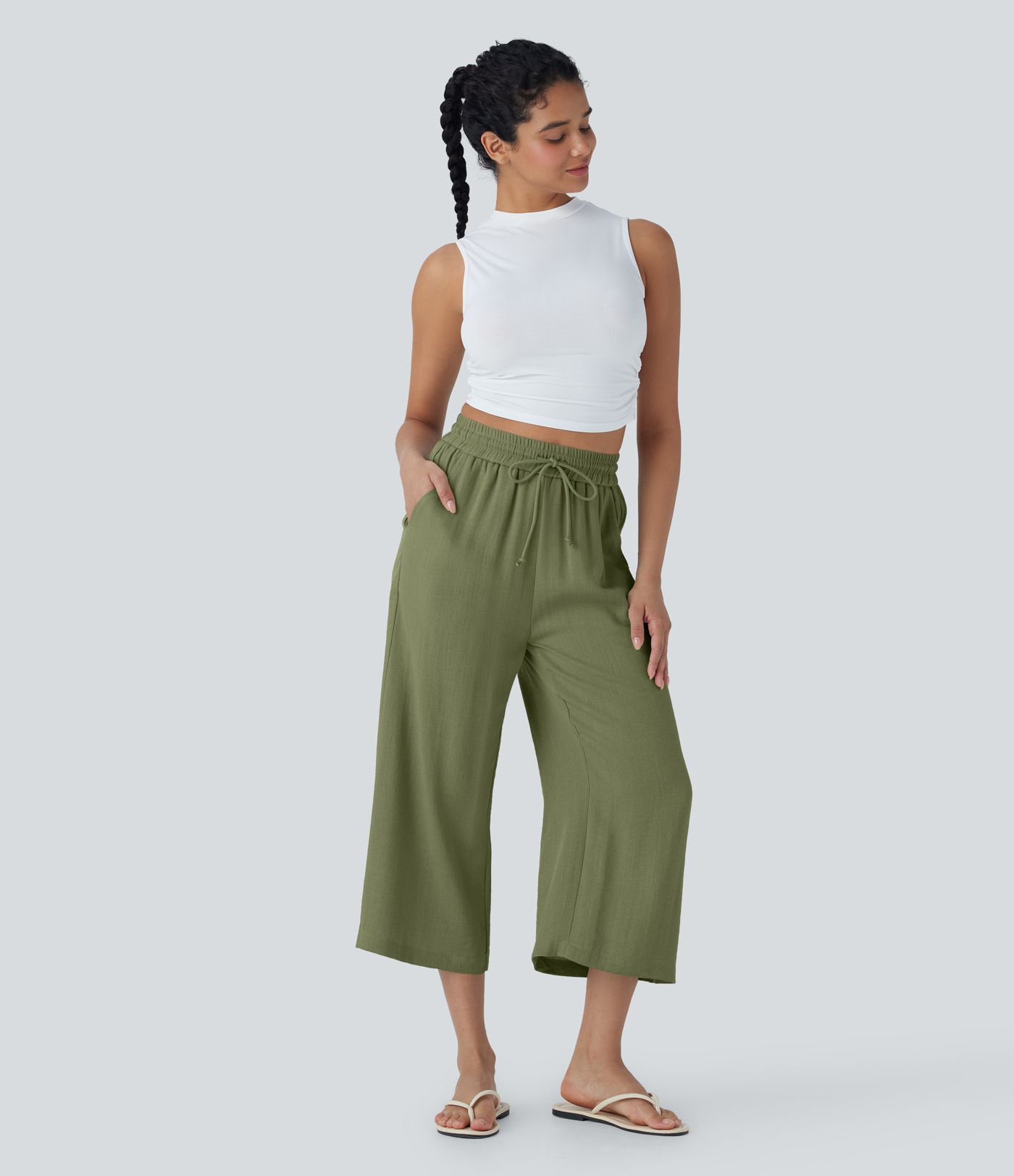 High Waisted Drawstring Wide Leg Cropped Casual Linen-Feel Pants with Pockets