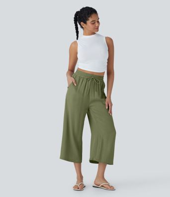 High Waisted Drawstring Wide Leg Cropped Casual Linen-Feel Pants with Pockets
