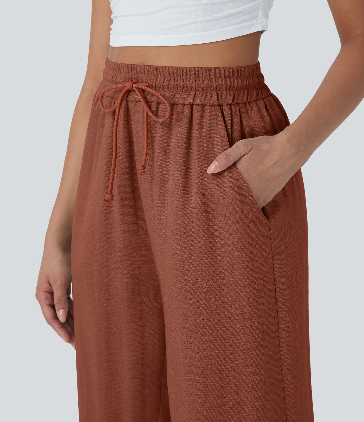 High Waisted Drawstring Wide Leg Cropped Women Casual Linen-Feel Pants with Pockets