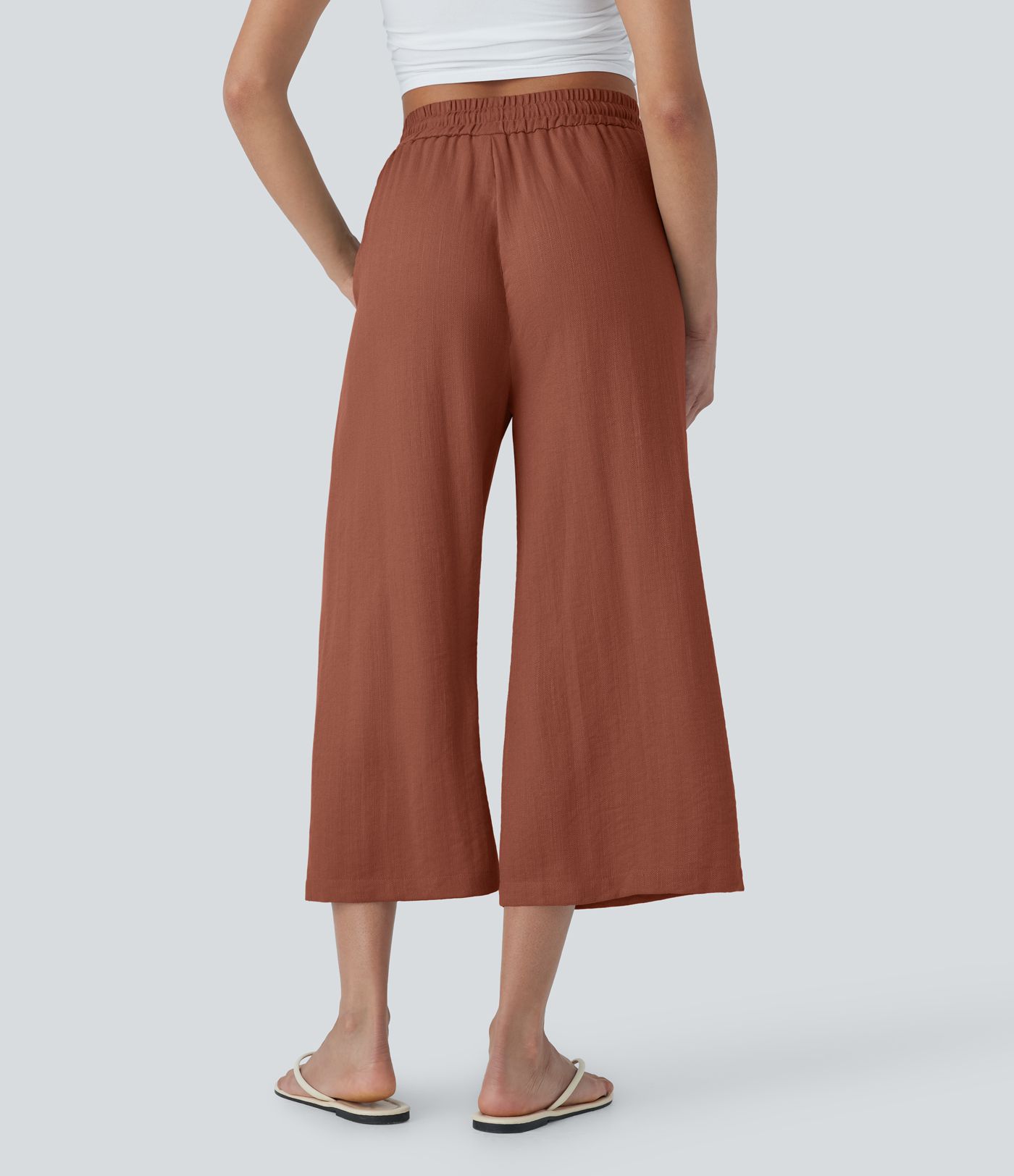 High Waisted Drawstring Wide Leg Cropped Women Casual Linen-Feel Pants with Pockets