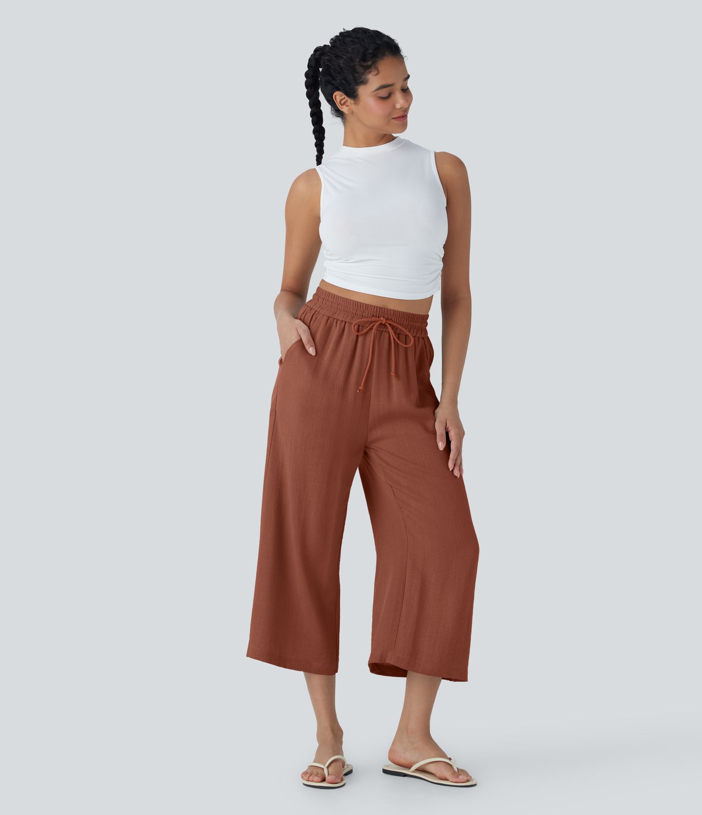High Waisted Drawstring Wide Leg Cropped Women Casual Linen-Feel Pants with Pockets