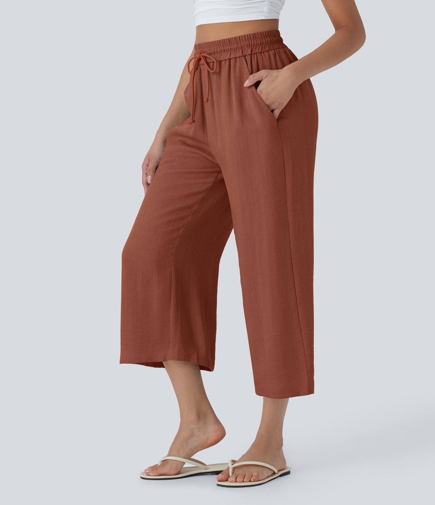 High Waisted Drawstring Wide Leg Cropped Women Casual Linen-Feel Pants with Pockets