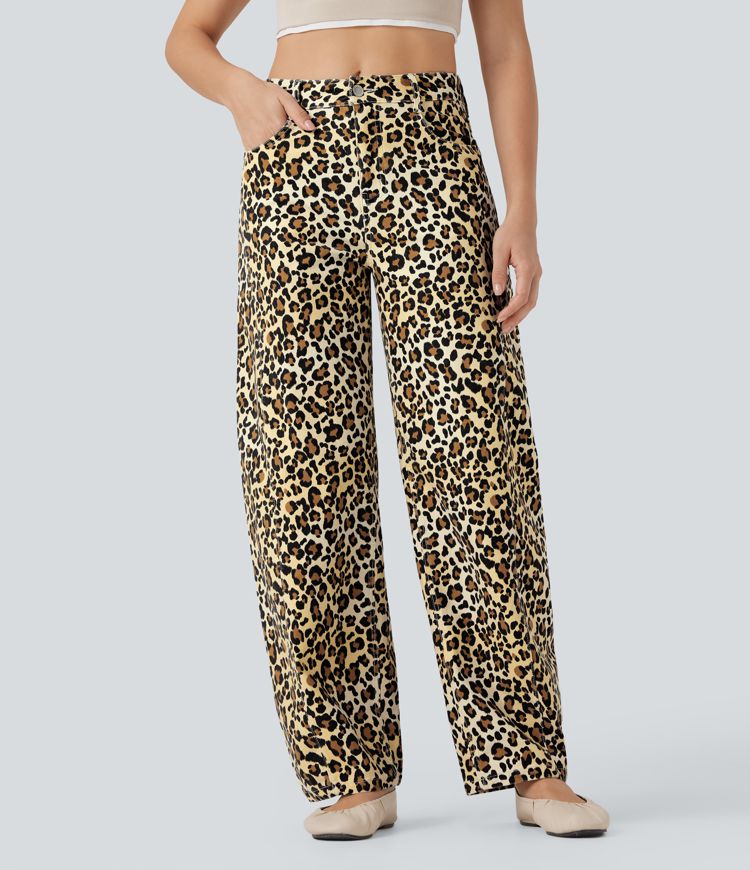 Halara Flex™ Mid Rise Leopard Casual Barrel Leg Jeans with Pockets