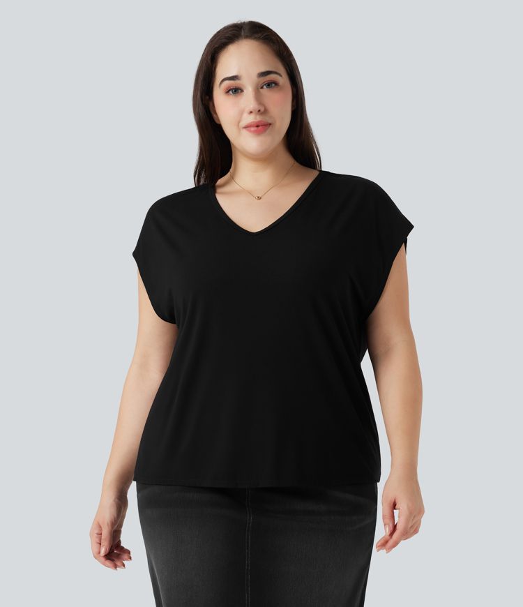T-shirt décontracté grande taille col V manches courtes