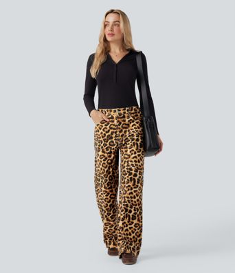 Halara Flex™ Mid Rise Leopard Casual Baggy Jeans with Pockets