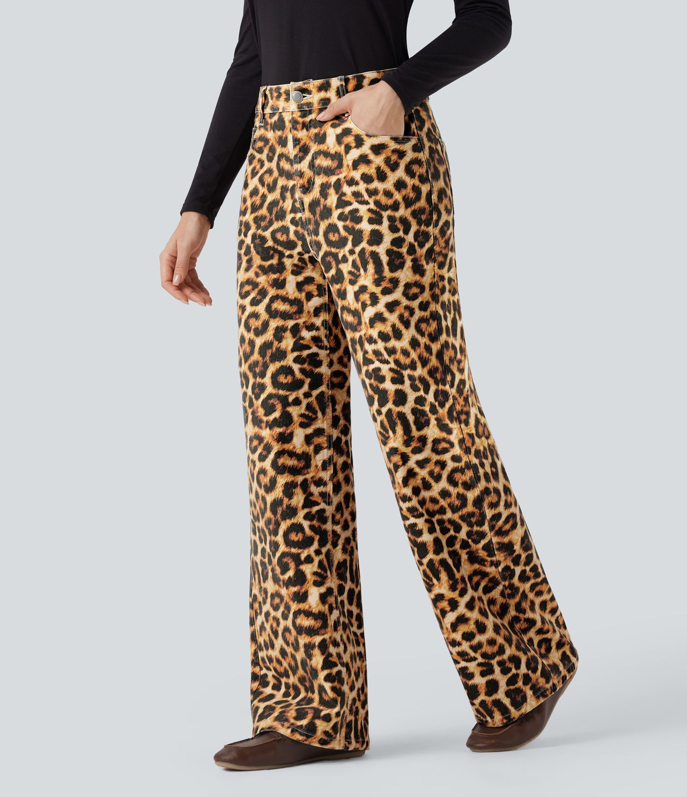 Halara Flex™ Mid Rise Leopard Casual Baggy Jeans with Pockets