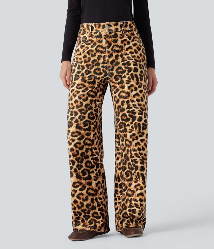 Halara Flex™ Mid Rise Leopard Casual Baggy Jeans with Pockets
