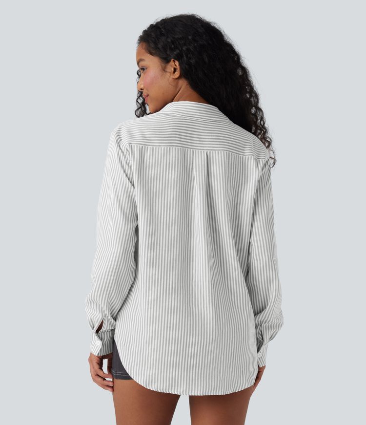 Long Sleeve Stripe Curved Hem Casual Shirt