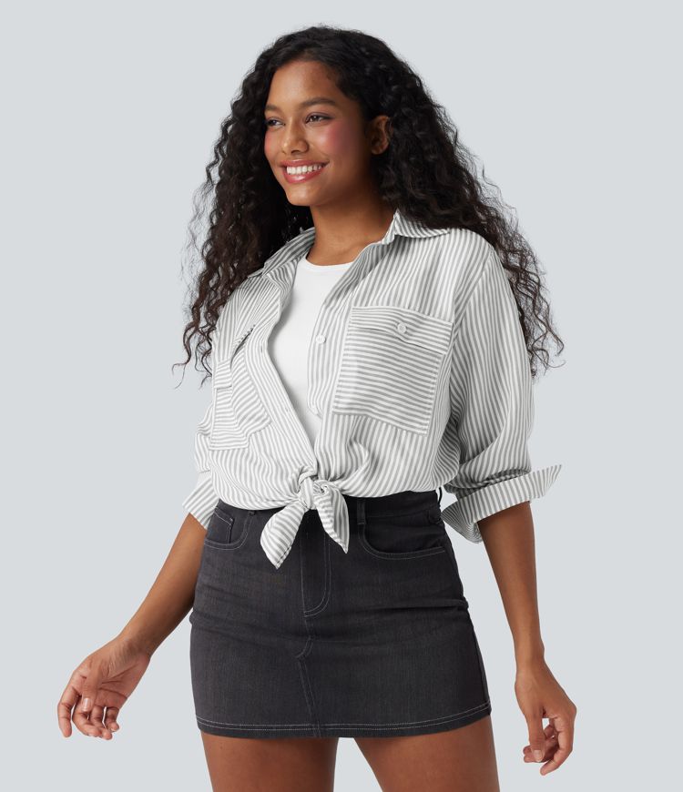 Long Sleeve Stripe Curved Hem Casual Shirt