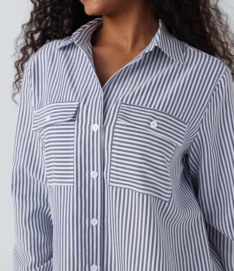 Long Sleeve Stripe Curved Hem Casual Shirt
