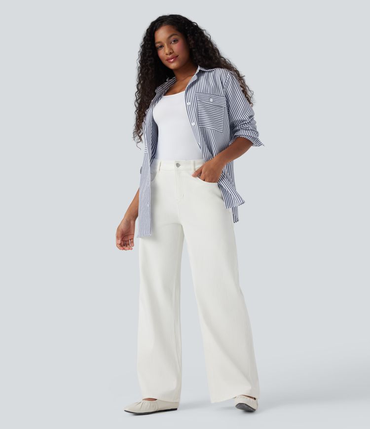 Long Sleeve Stripe Curved Hem Casual Shirt