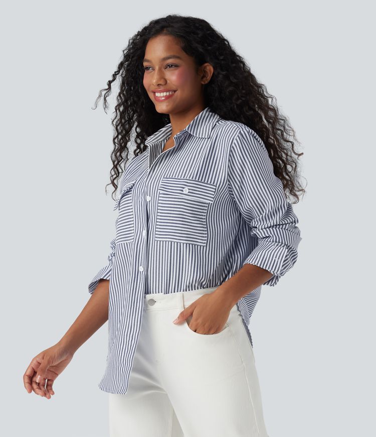 Long Sleeve Stripe Curved Hem Casual Shirt
