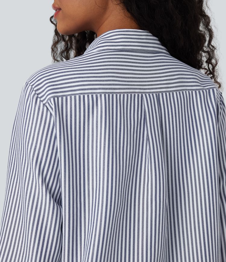 Long Sleeve Stripe Curved Hem Casual Shirt
