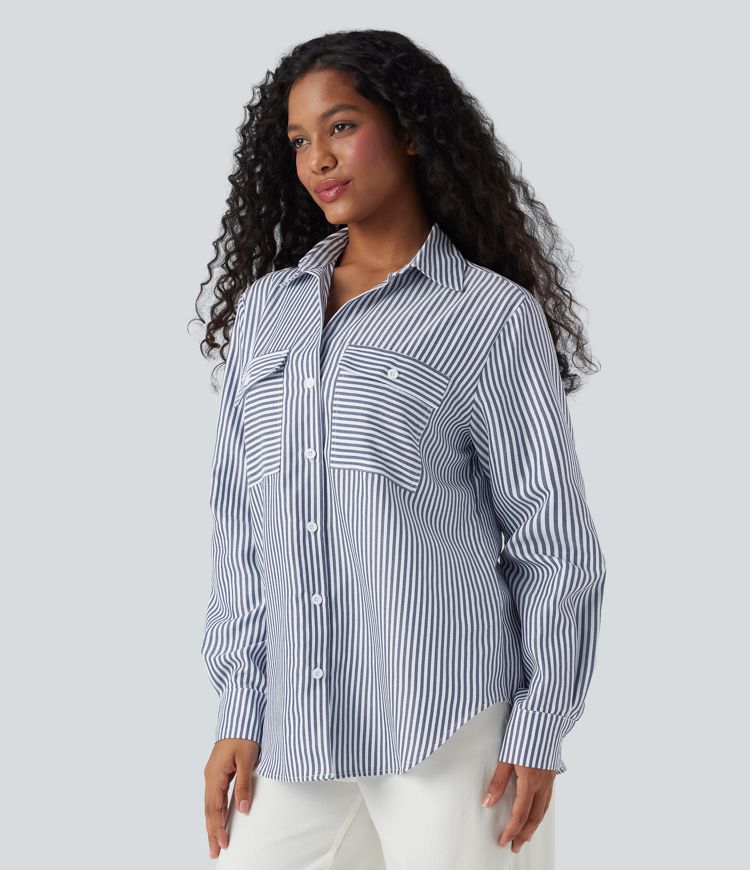 Long Sleeve Stripe Curved Hem Casual Shirt