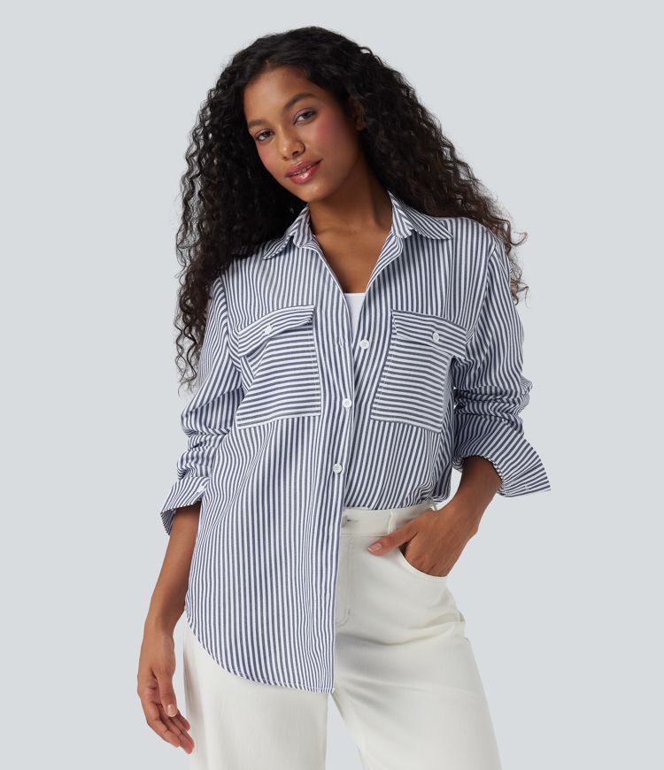 Long Sleeve Stripe Curved Hem Casual Shirt