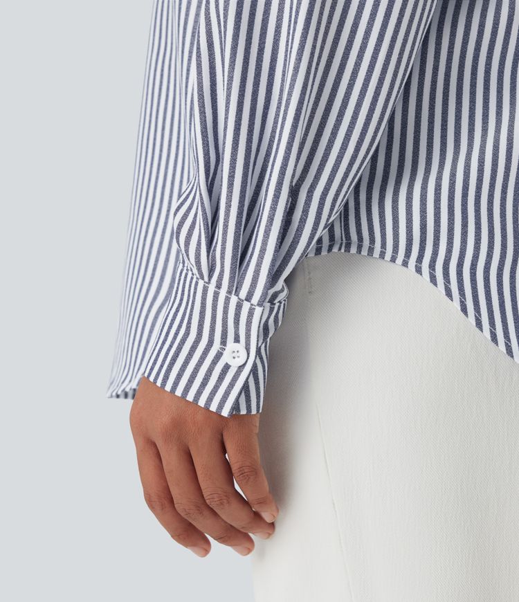 Long Sleeve Stripe Curved Hem Casual Shirt