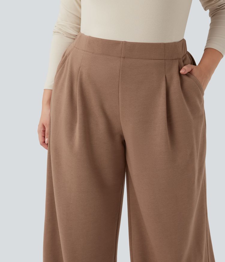 Pantalon décontracté grande taille polaire taille haute jambe large avec poches
