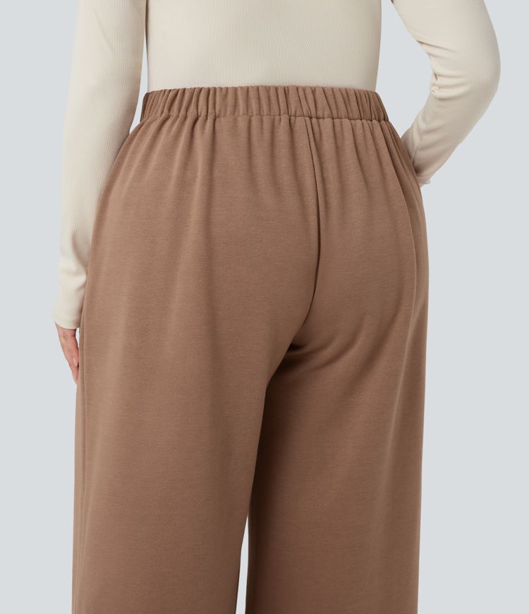 Pantalon décontracté grande taille polaire taille haute jambe large avec poches