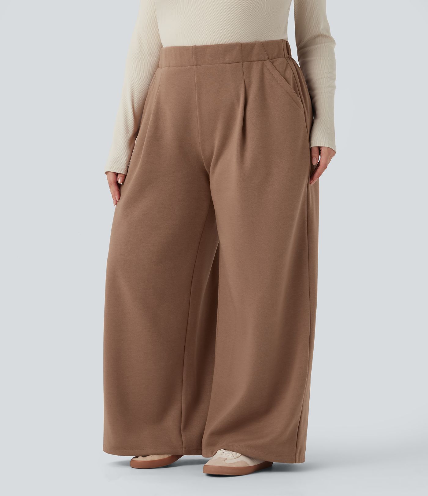 Pantalon décontracté grande taille polaire taille haute jambe large avec poches