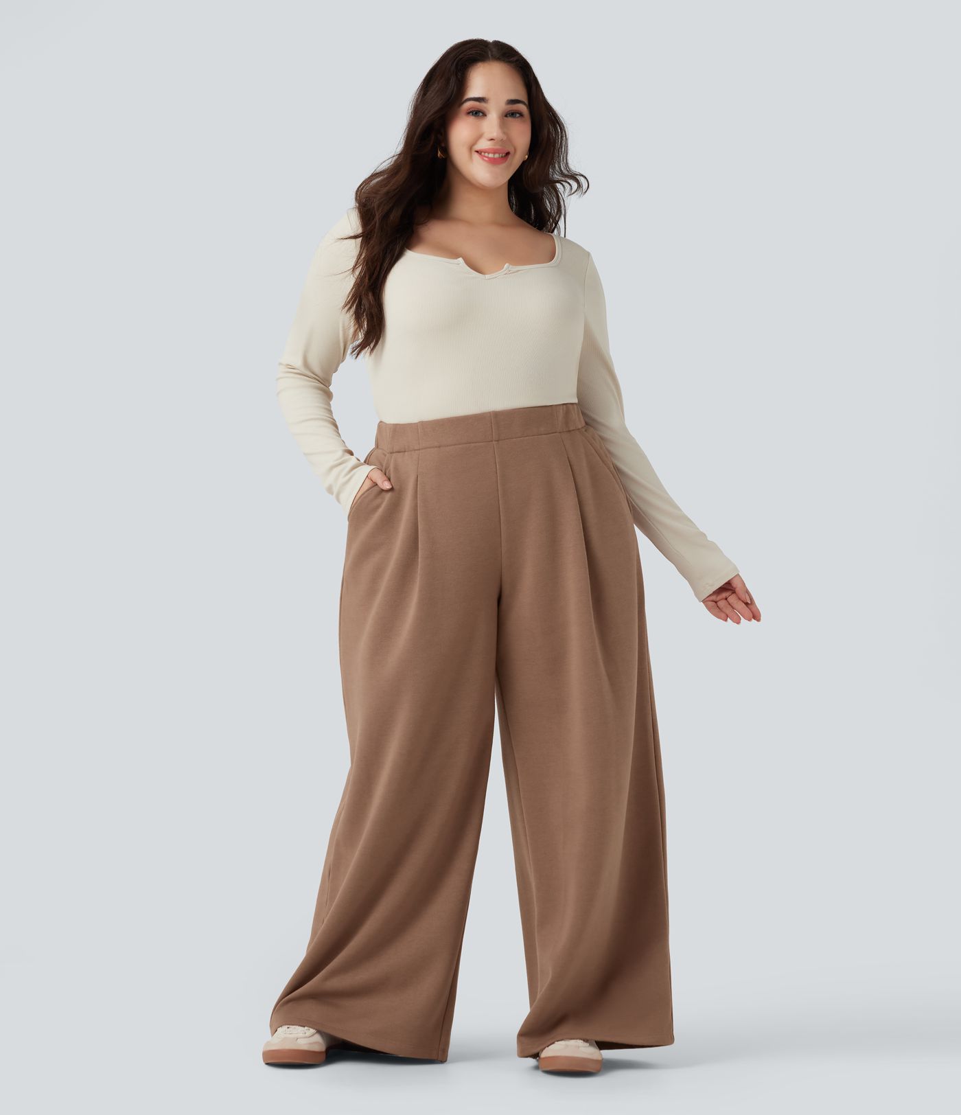 Pantalon décontracté grande taille polaire taille haute jambe large avec poches