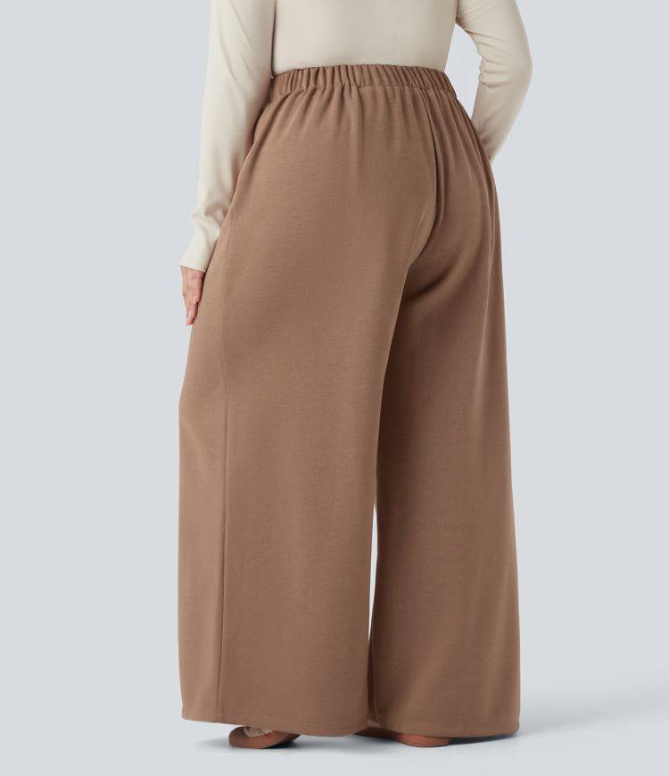 Pantalon décontracté grande taille polaire taille haute jambe large avec poches