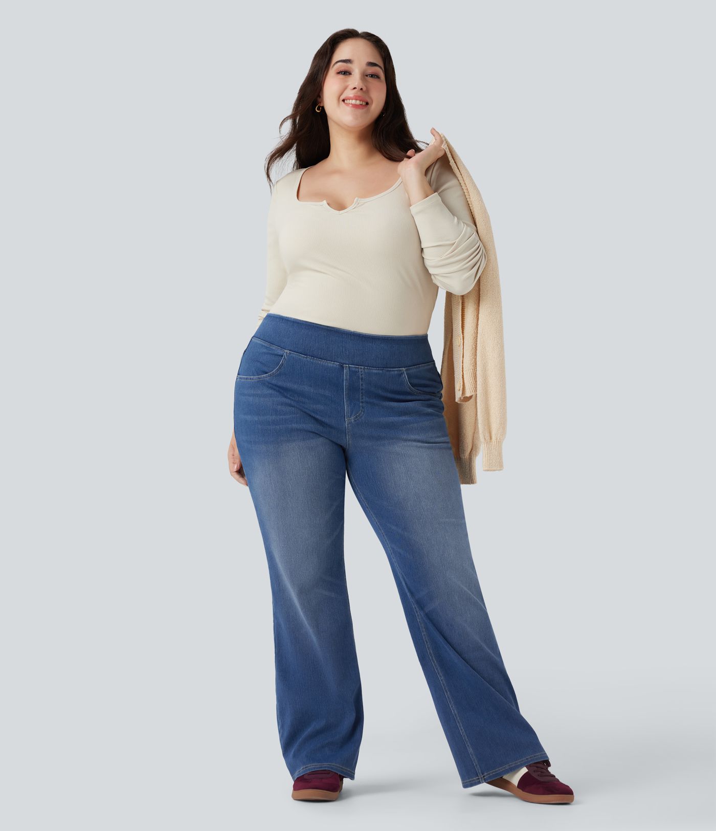 Halara Flex™ High Waisted Pockets Washed Casual Bootcut Plus Size Jeans