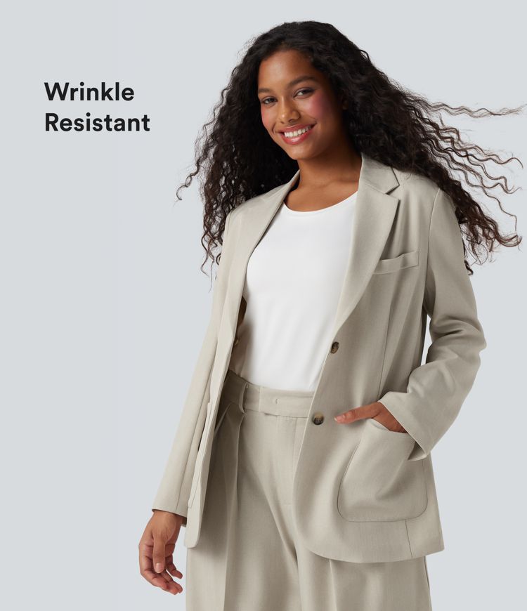 Anti-Wrinkle Notched Collar Long Sleeve Work Linen-Feel Blazer with Pockets