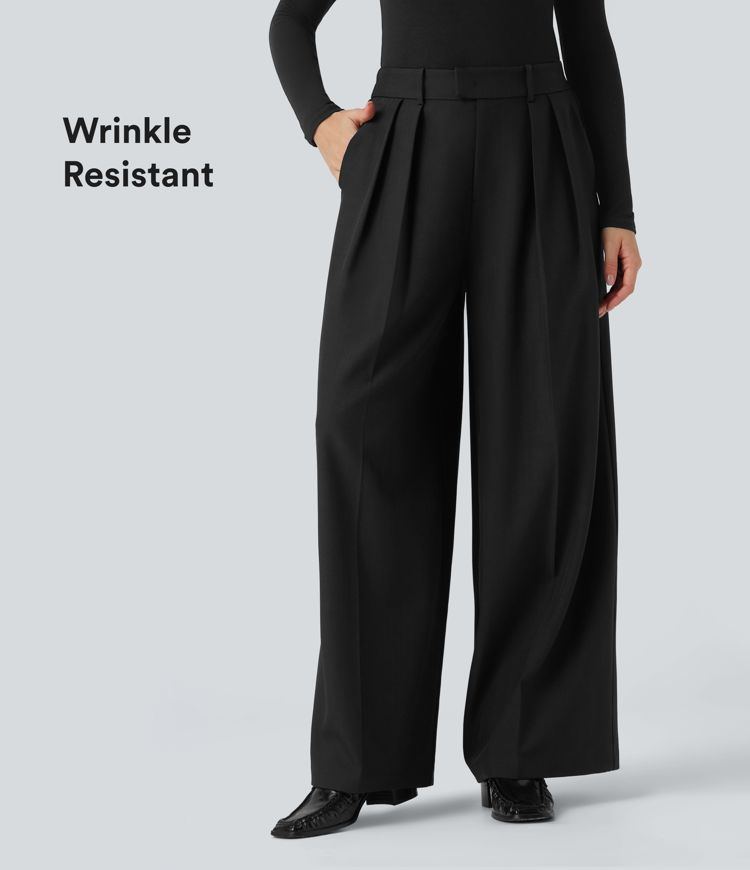 Anti-Wrinkle High Waisted Wide Leg Work Linen-Feel Pants with Pockets