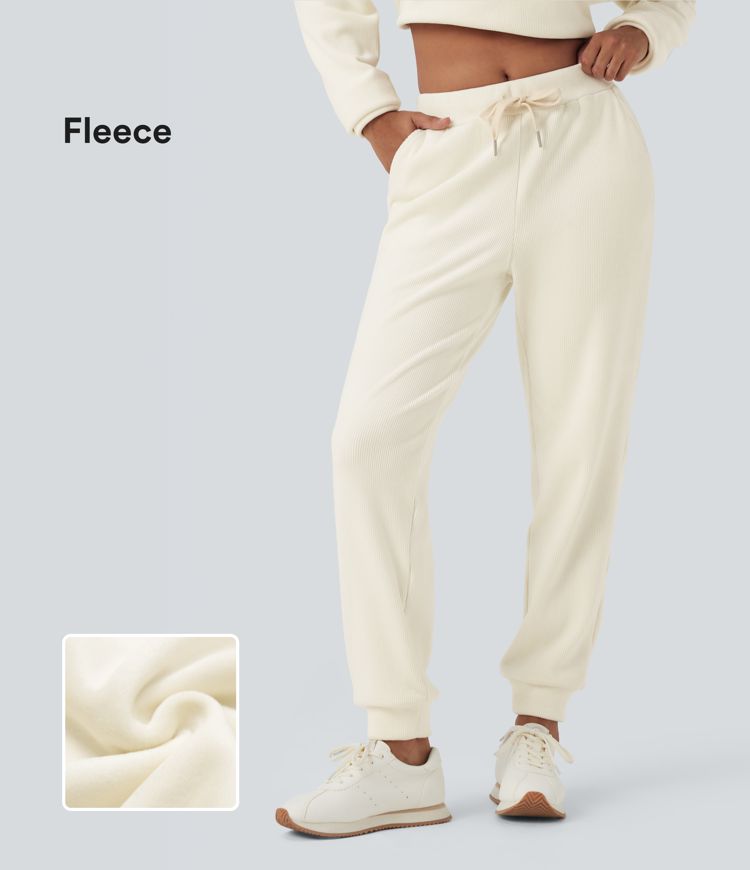 Joggers casuales térmicos de punto acanalado con tiro medio, cordón ajustable y bolsillos