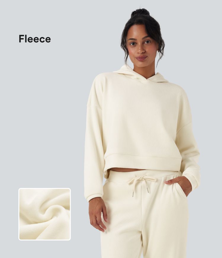 Ribbed Knit Hooded Long Sleeve Fleece Casual Sweatshirt