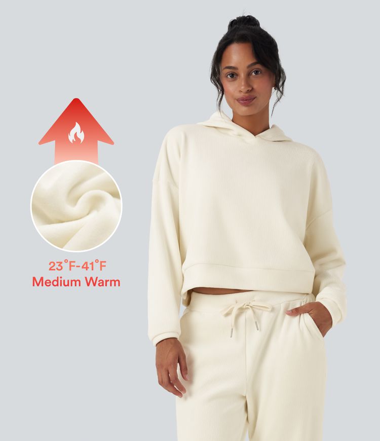 Ribbed Knit Hooded Long Sleeve Fleece Casual Sweatshirt