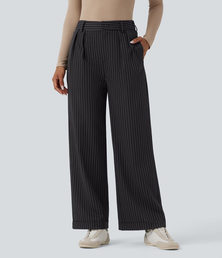Mid Rise Striped Work Wide Leg Pants With Pockets