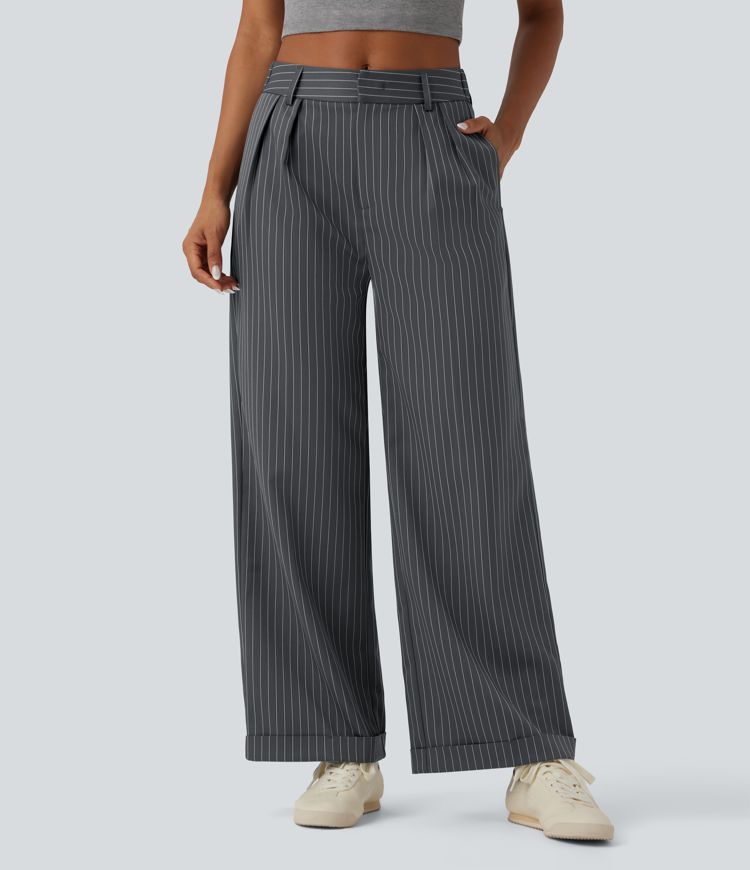 Mid Rise Striped Work Wide Leg Pants With Pockets