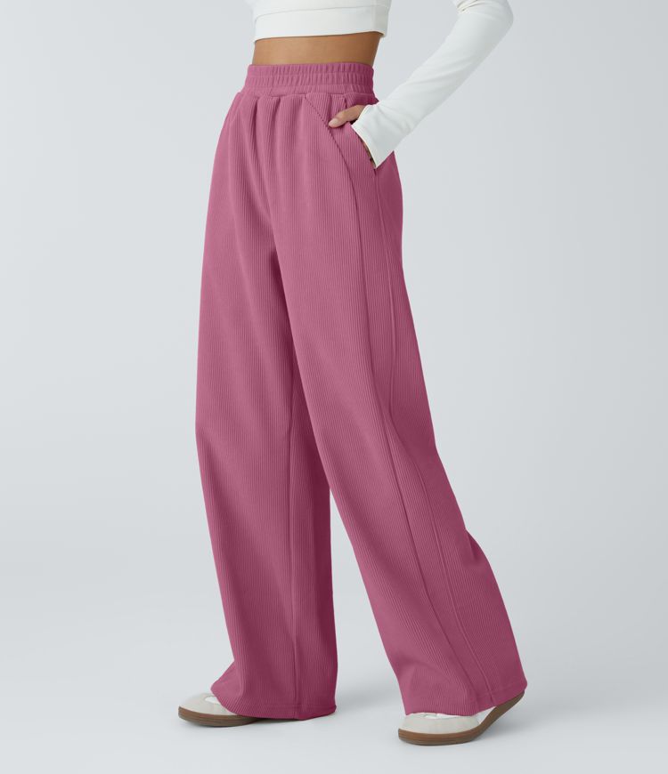 High Waisted Pocket Straight Leg Mop Corduroy Casual Trousers