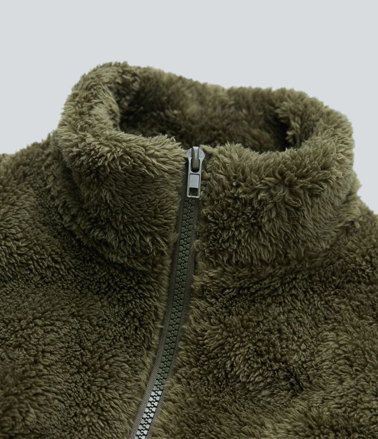 Stand Collar Long Sleeve Casual Sherpa Jacket with Pockets