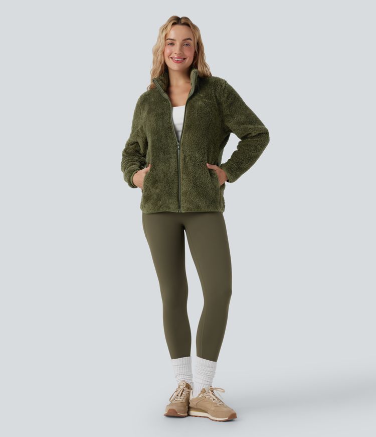 Stand Collar Long Sleeve Casual Sherpa Jacket with Pockets