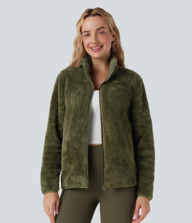 Stand Collar Long Sleeve Casual Sherpa Jacket with Pockets