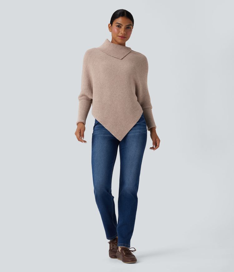 Turtleneck Batwing Sleeve Asymmetric Hem Casual Sweater