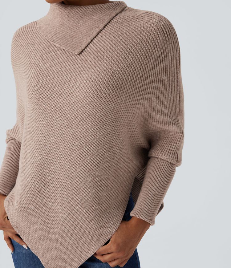 Turtleneck Batwing Sleeve Asymmetric Hem Casual Sweater