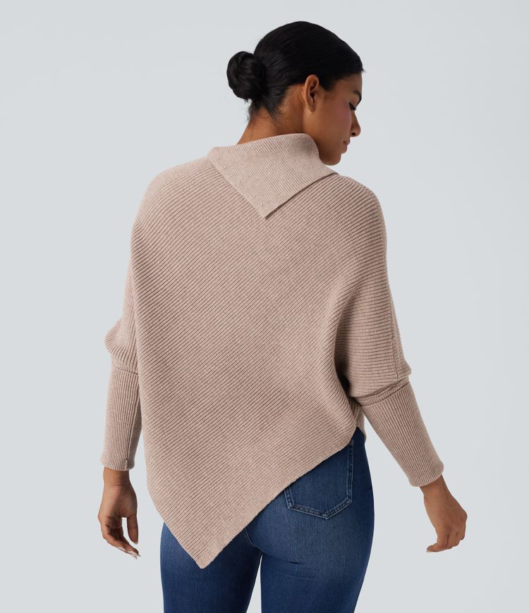 Turtleneck Batwing Sleeve Asymmetric Hem Casual Sweater