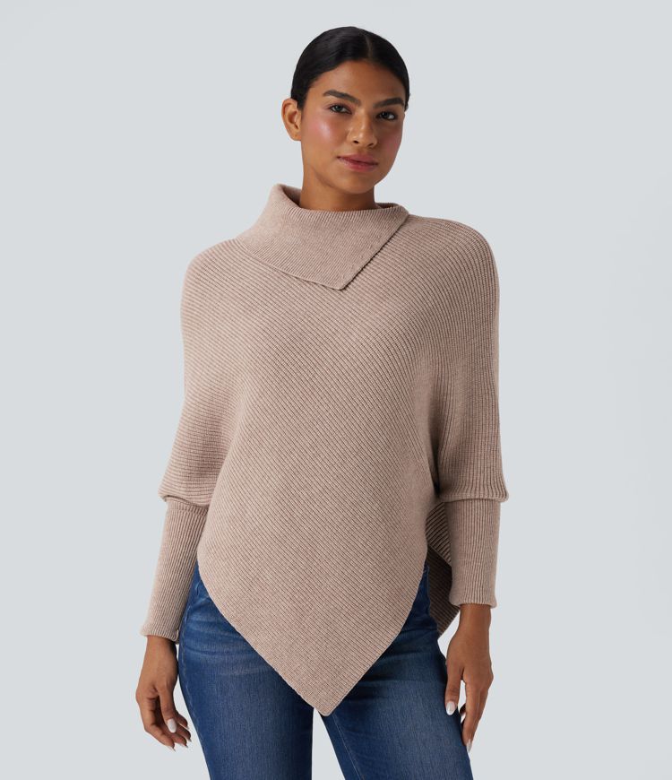 Turtleneck Batwing Sleeve Asymmetric Hem Casual Sweater