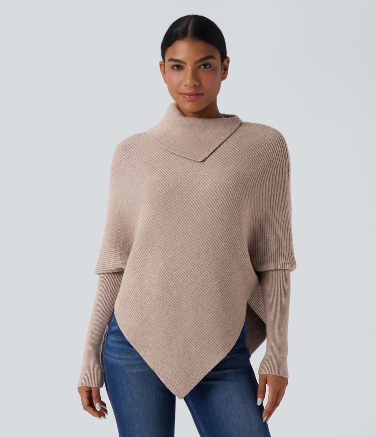 Turtleneck Batwing Sleeve Asymmetric Hem Casual Sweater