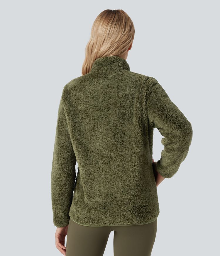 Stand Collar Long Sleeve Casual Sherpa Jacket with Pockets