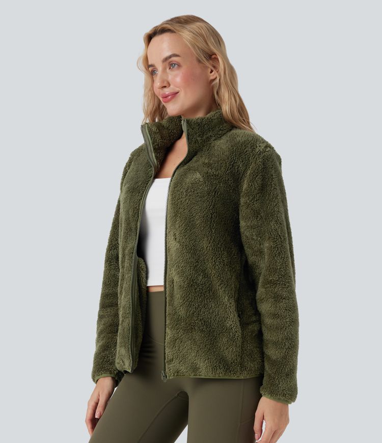 Stand Collar Long Sleeve Casual Sherpa Jacket with Pockets