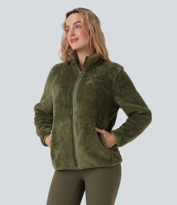 Stand Collar Long Sleeve Casual Sherpa Jacket with Pockets